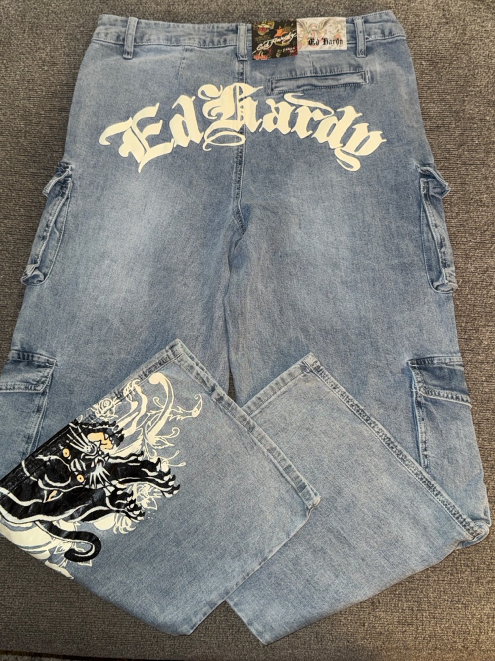 Ed Hardy Light Blue Baggy Cargo Jeans with Panther Patch